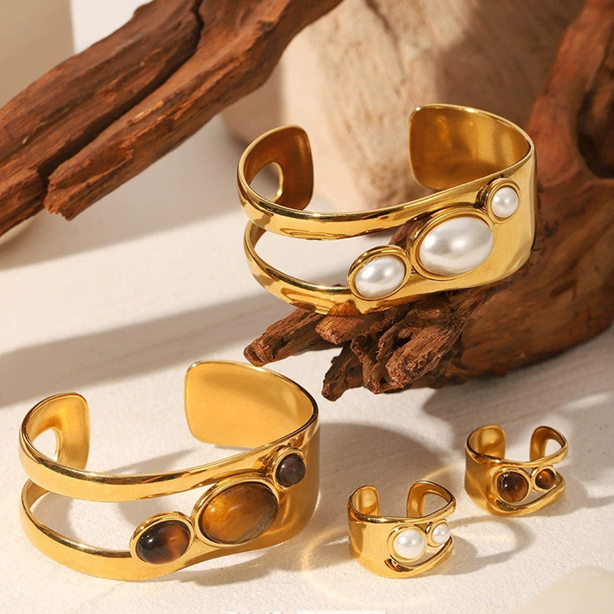 Brazalete de Acero Inoxidable con Ojo de Tigre Natural