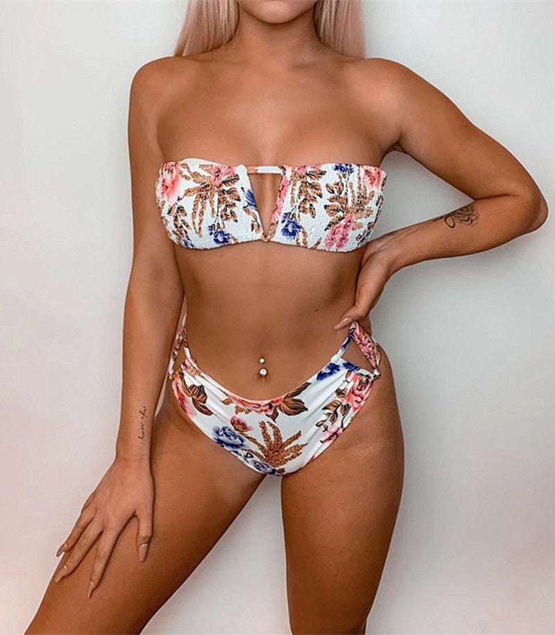 Bikini Bandeau Talle Alto Floral - Top Strapless con Keyhole
