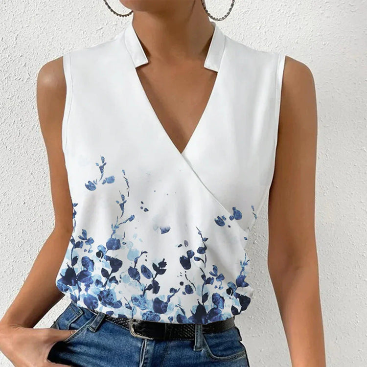 Casual Printed Tops Summer V-neck Sleeveless T-shirt Womens Clothing